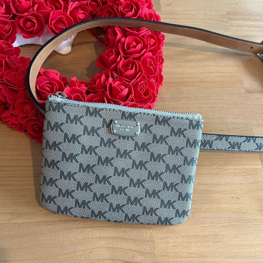Michael Michael Kors Signature Logo Fanny Belt Bag Gray Silver Hardware